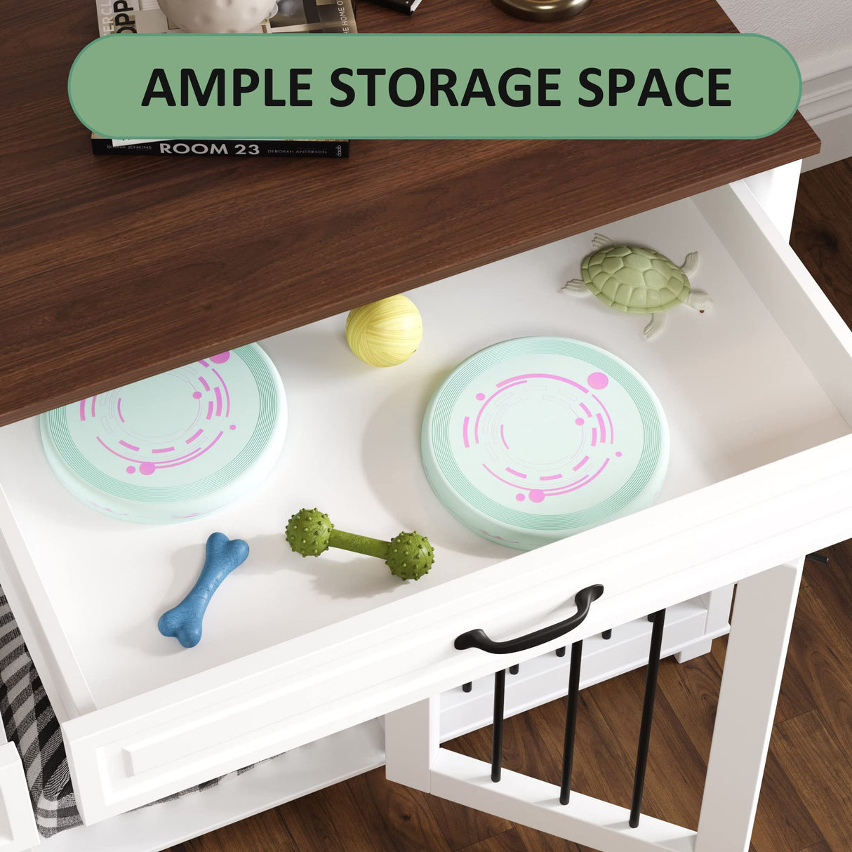 DAWNSPACES Furniture Style Dog Crate, 64.6 Inch Wooden Large Dog Kennel with Drawers & Divider, Indoor Dog House Furniture with Double Rooms for Medium Small Dogs, White DAWNSPACES