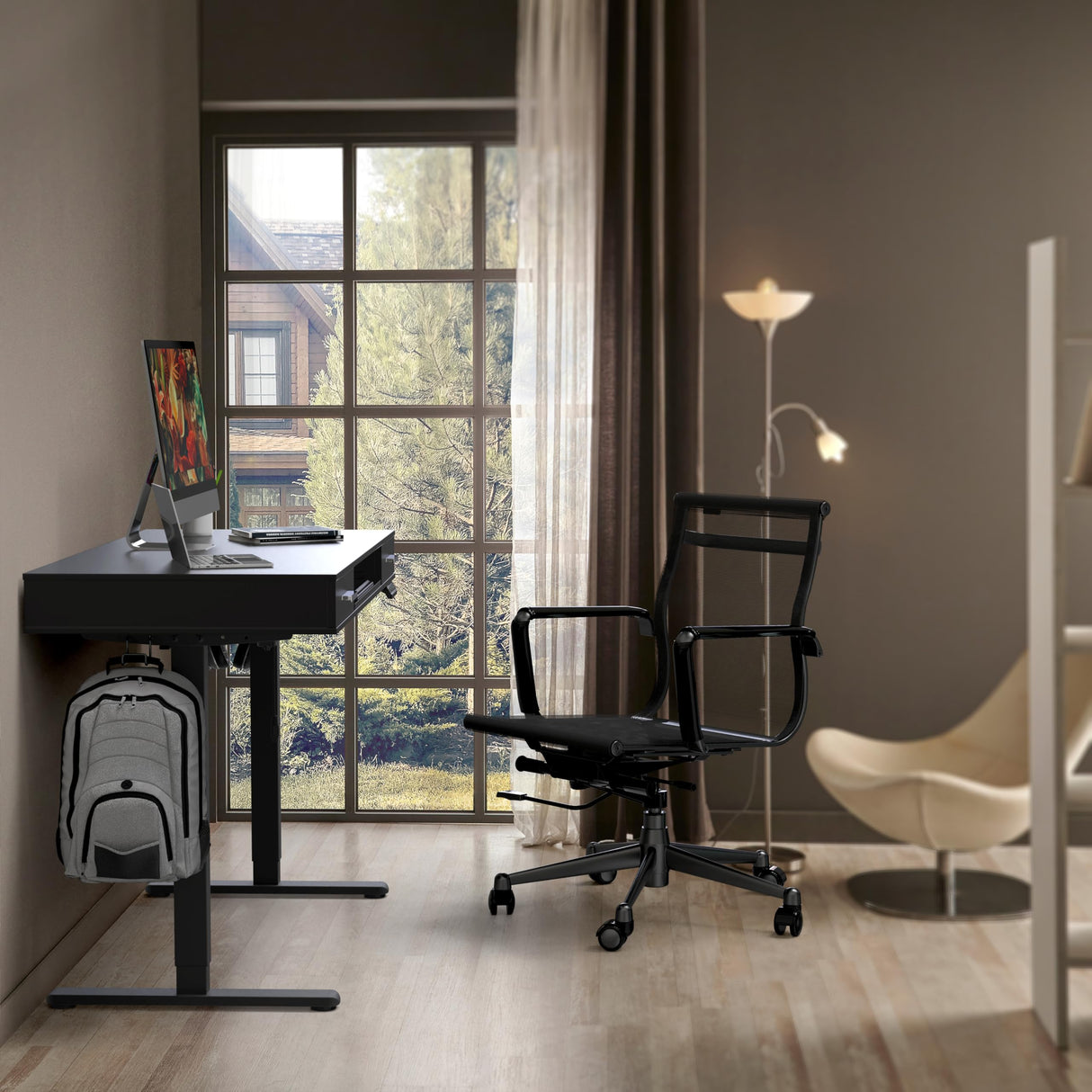 SHW 48-Inch Electric Height Adjustable Desk with Keyboard Tray and Two Drawers, Black SHW