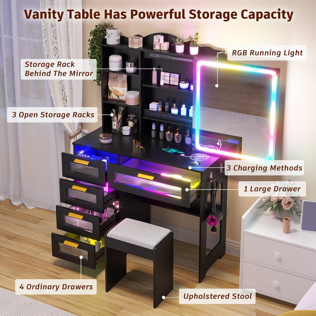 FOMNEY RGB LED Vanity Desk with Mirror and Lights, Makeup Vanity Desk with 3-in-1 Charging Station, Vanity Set with Stools&Sliding Mirror, Make UP Table with 5 Drawers (Black) FOMNEY