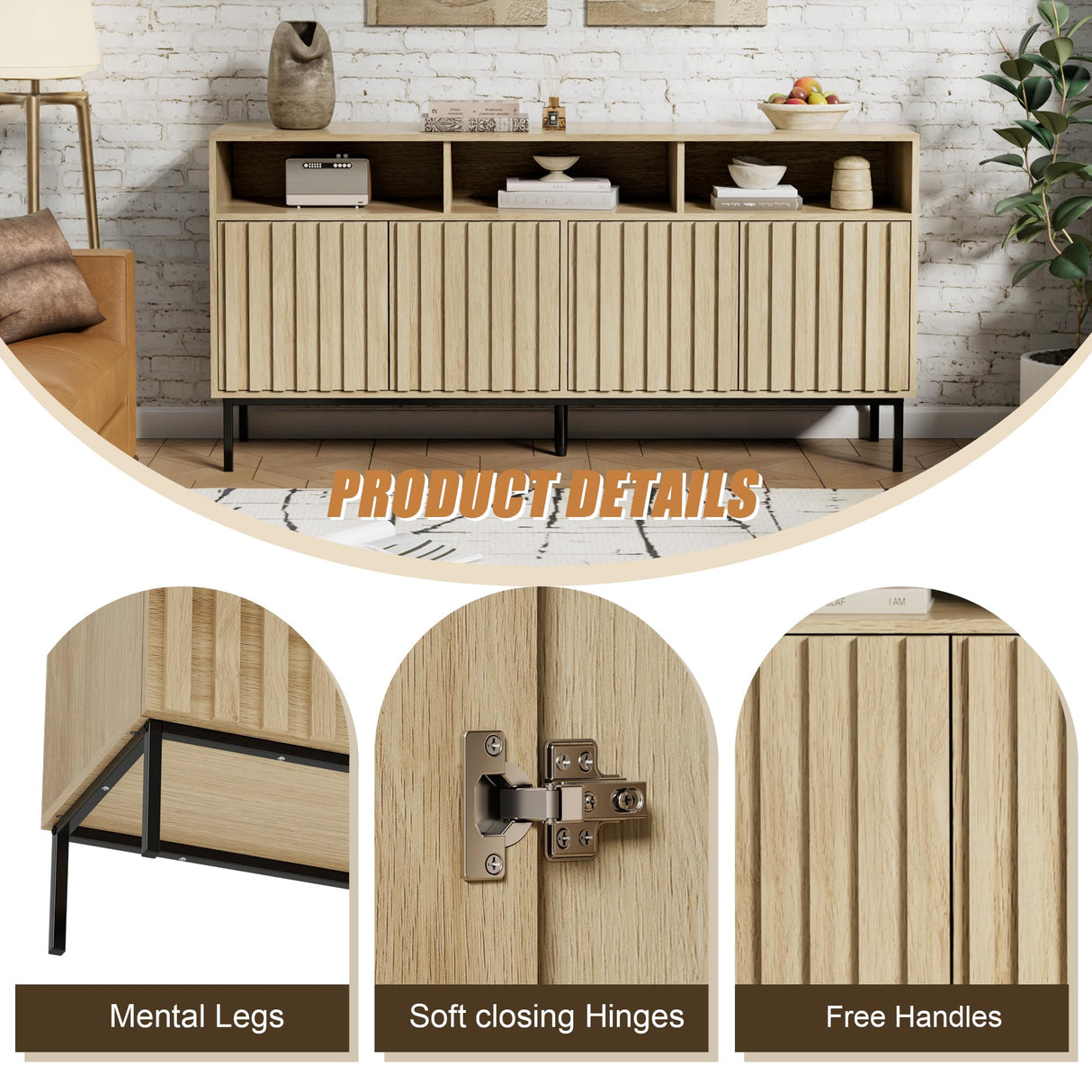 UEV Mid Century Modern Buffet Cabinet with Storage,Wood Sideboard Buffet,Geometric Fluted Storage Cabinet with Metal Legs,Accent Sideboard Cabinet for Kitchen,Living Room,Bedroom,Hallway(Natural) UEV