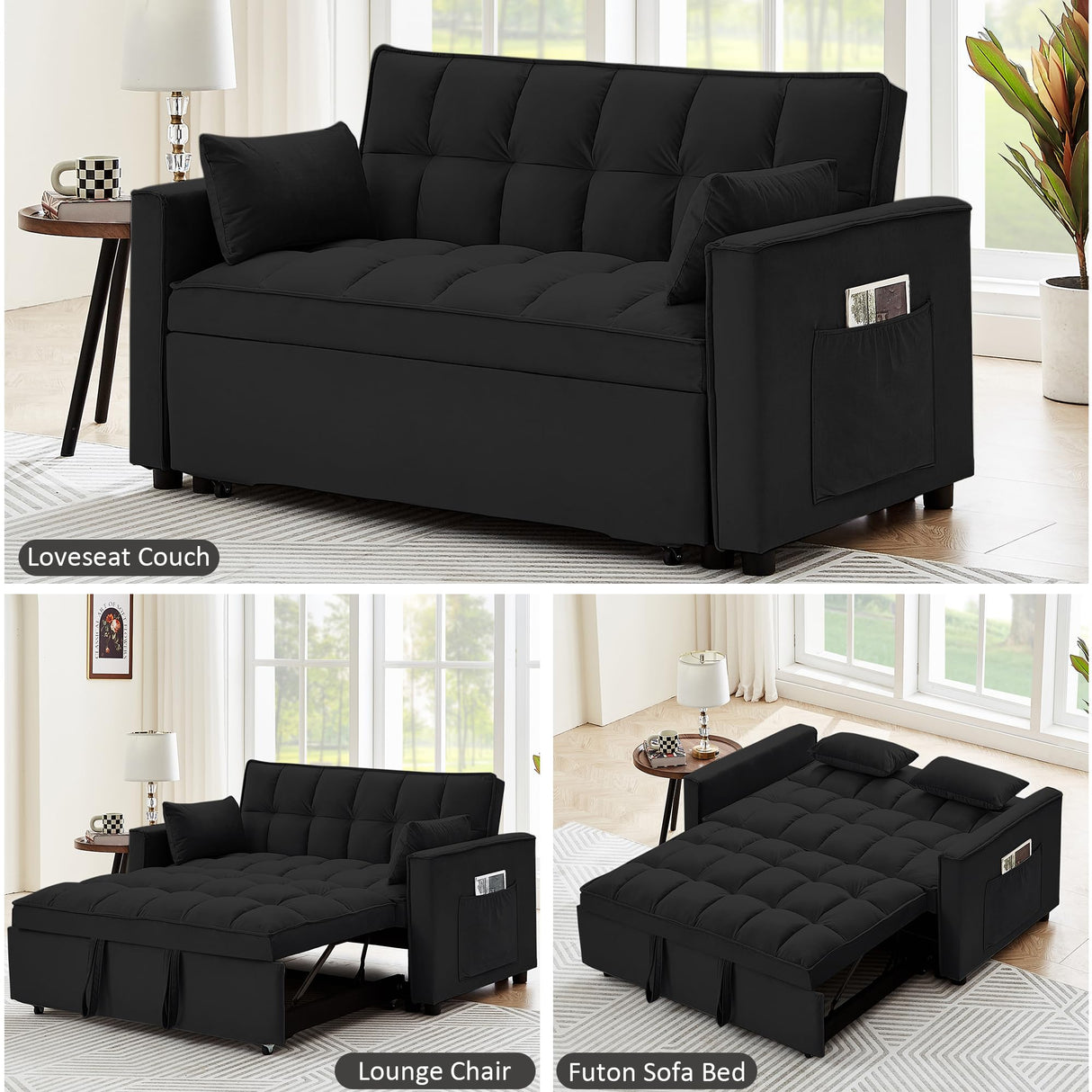 Suheww Sofa Bed, 3 in 1 Black Loveseat Sleeper Sofa for Living Room, 2 Seater Pull Out Sofa Cama Small Couch Bed Futon Lounge Sofa for Bedroom Small Spaces Living Room Suheww