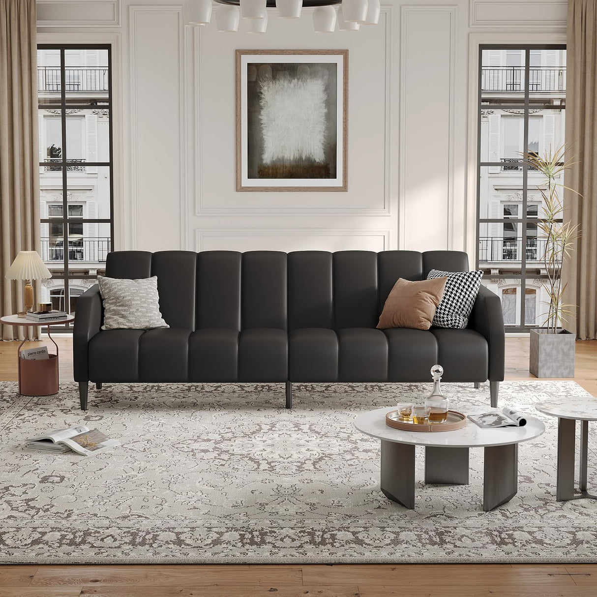 Fadware Faux Leather Couch, Convertible Futon Sofa Bed with Adjustable Backrest, Mid Century Leather Sofa Loveseat with Side Pockets& Metal Leg, Modern Leather Sleeper Sofa for Living Room Bedroom Fadware