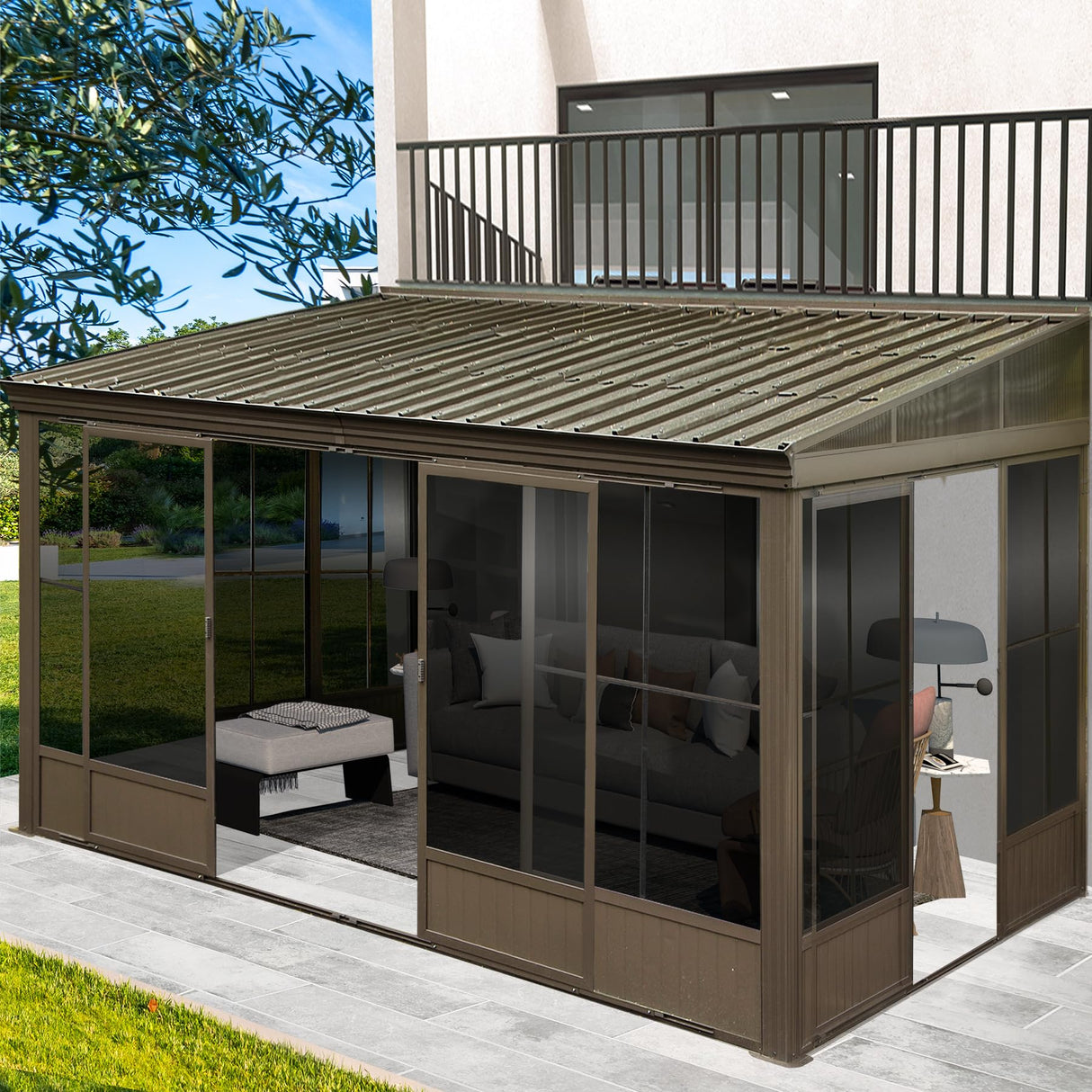 Domi 12x14FT Wall Mounted Sunroom, All-Season Solarium with Front Door & Side Entrance, Galvanized Steel Sloping Roof&Moveable PVC Screen, Outdoor Permanent Sun Room Lean to Gazebo for Deck Patio domi outdoor living