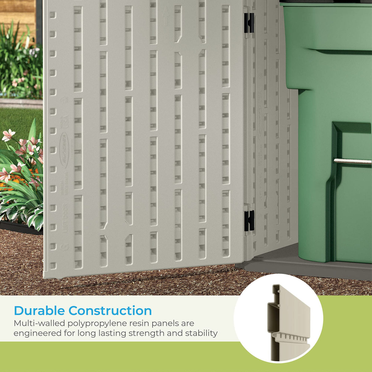 Suncast 5.9 ft. x 3.7 ft Horizontal Stow-Away Storage Shed - Natural Wood-like Outdoor Storage for Trash Cans and Yard Tools - All-Weather Resin, Hinged Lid, Reinforced Floor - Vanilla and Stoney Suncast
