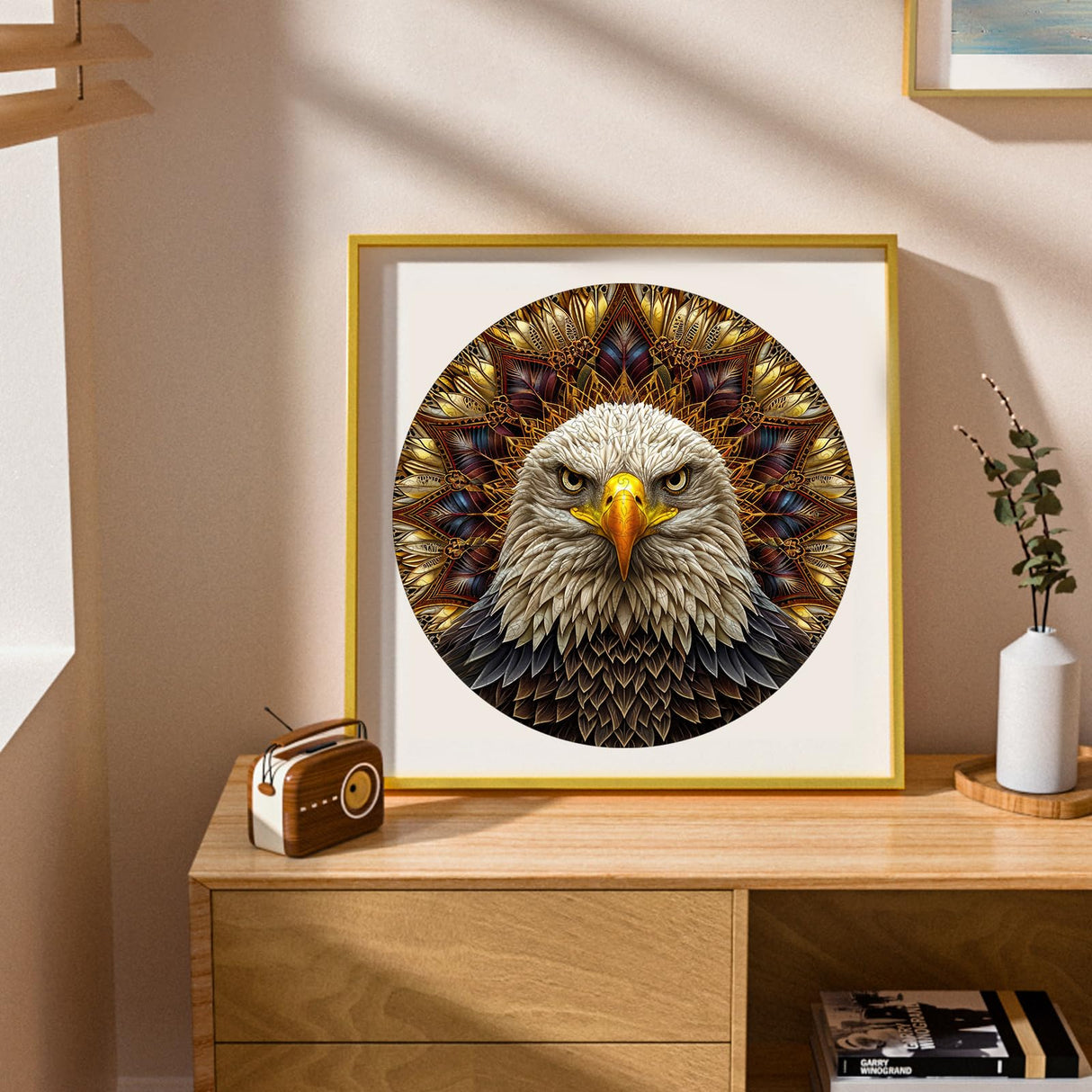 Bald Eagle Wooden Puzzle for Adults 500 Piece, Mandala Wooden Jigsaw Puzzles, Inspiring Puzzle, Beautiful Wooden Puzzle with Box Birthday Gifts for Adults and Kids Family Game(16.5 * 16.5in) Reouinty