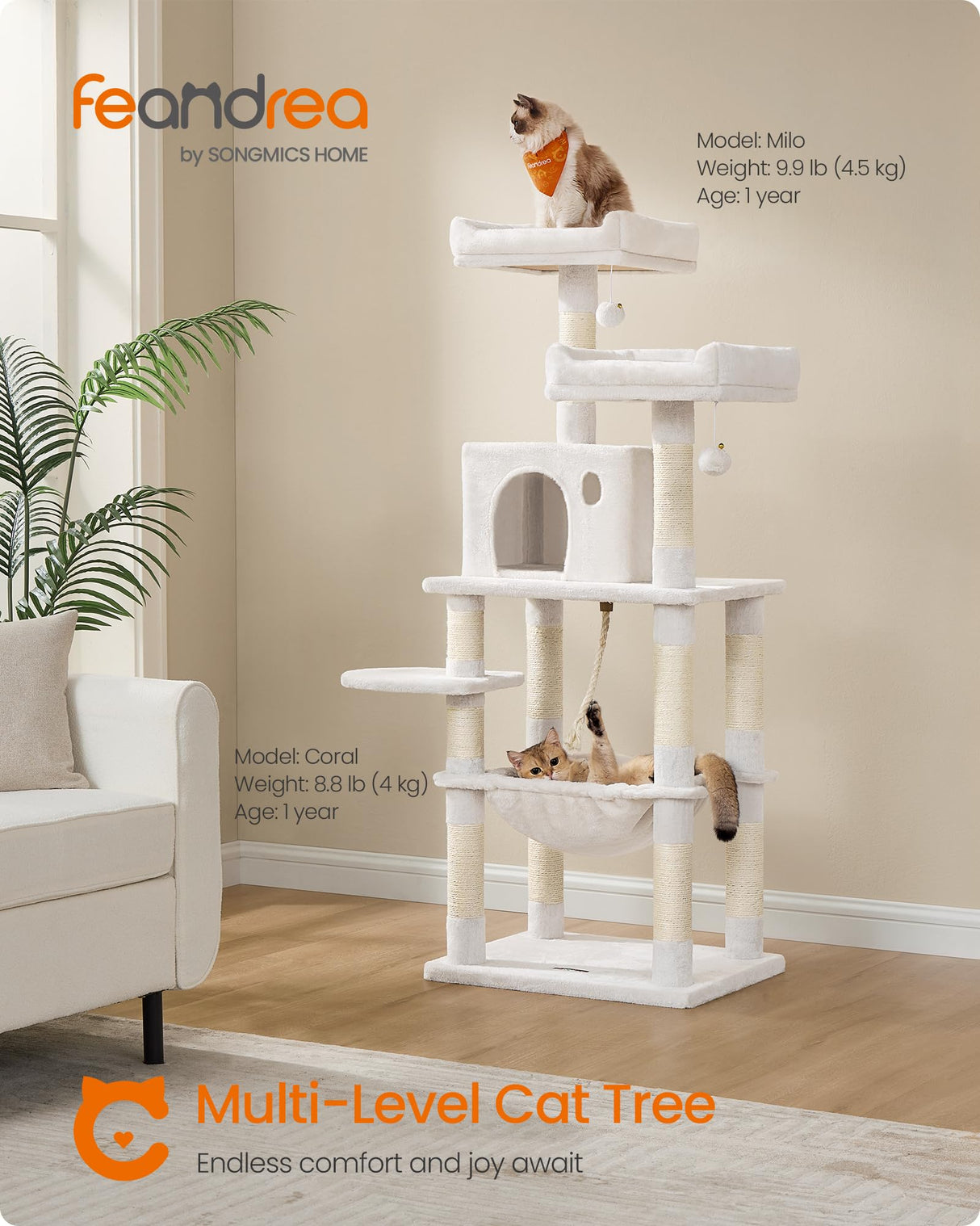 Feandrea Cat Tree, 56.3-Inch Cat Tower for Indoor Cats, Multi-Level Cat Condo with 11 Scratching Posts, 2 Perches, Cave, Hammock, Cream White UPCT015W02 Feandrea