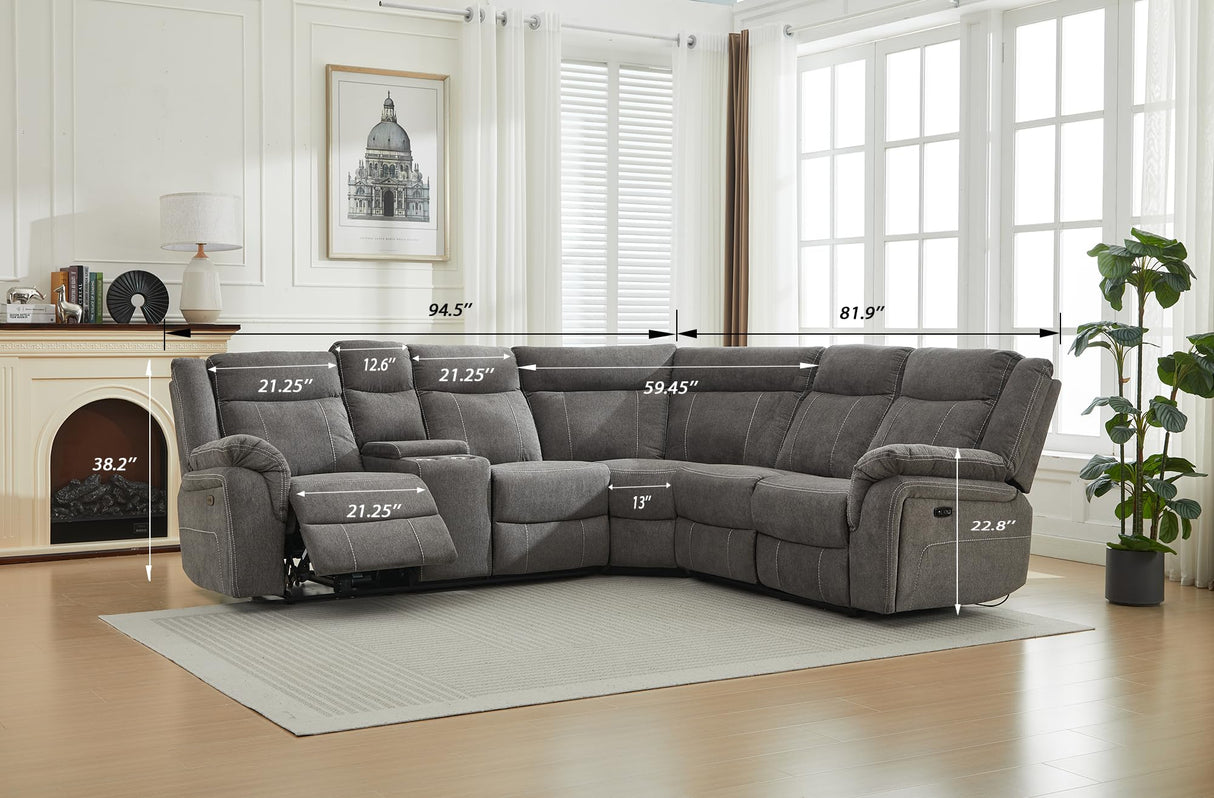 Secsofier Power Premium Fabric Reclining Sectional Sofa Set, Zero Gravity Recliner Couch with USB Port 1 Console Storage 2 Cup Holders (Power, 1 Console) Secsofier