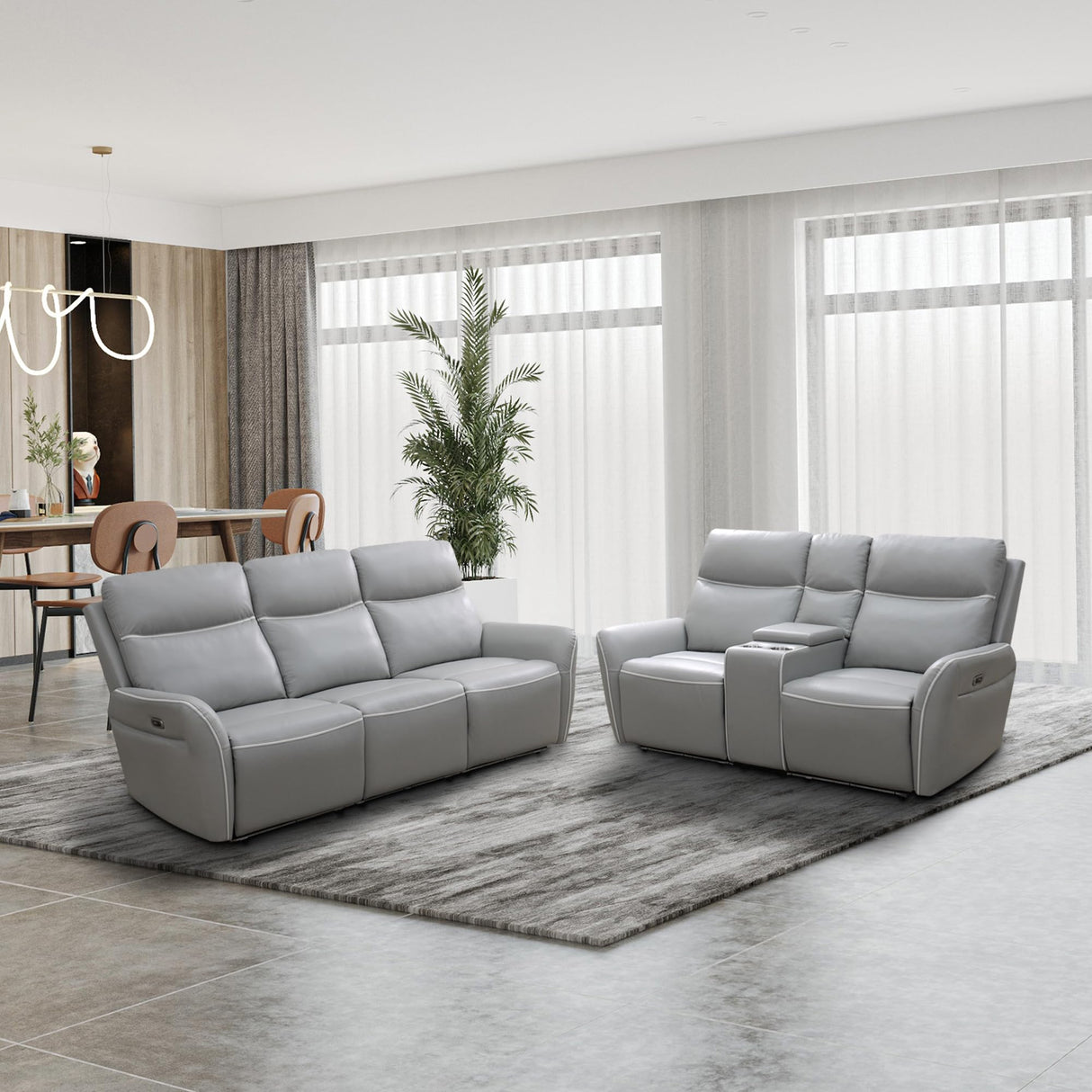 Plithzy Power Recliner Sofa Set Breathing Leather Living Room Furniture 2 Piece Reclining Couches with LED, USB Charging Ports, Cup Holder and Storage (Sofa+Loveseat, Light Grey) Plithzy