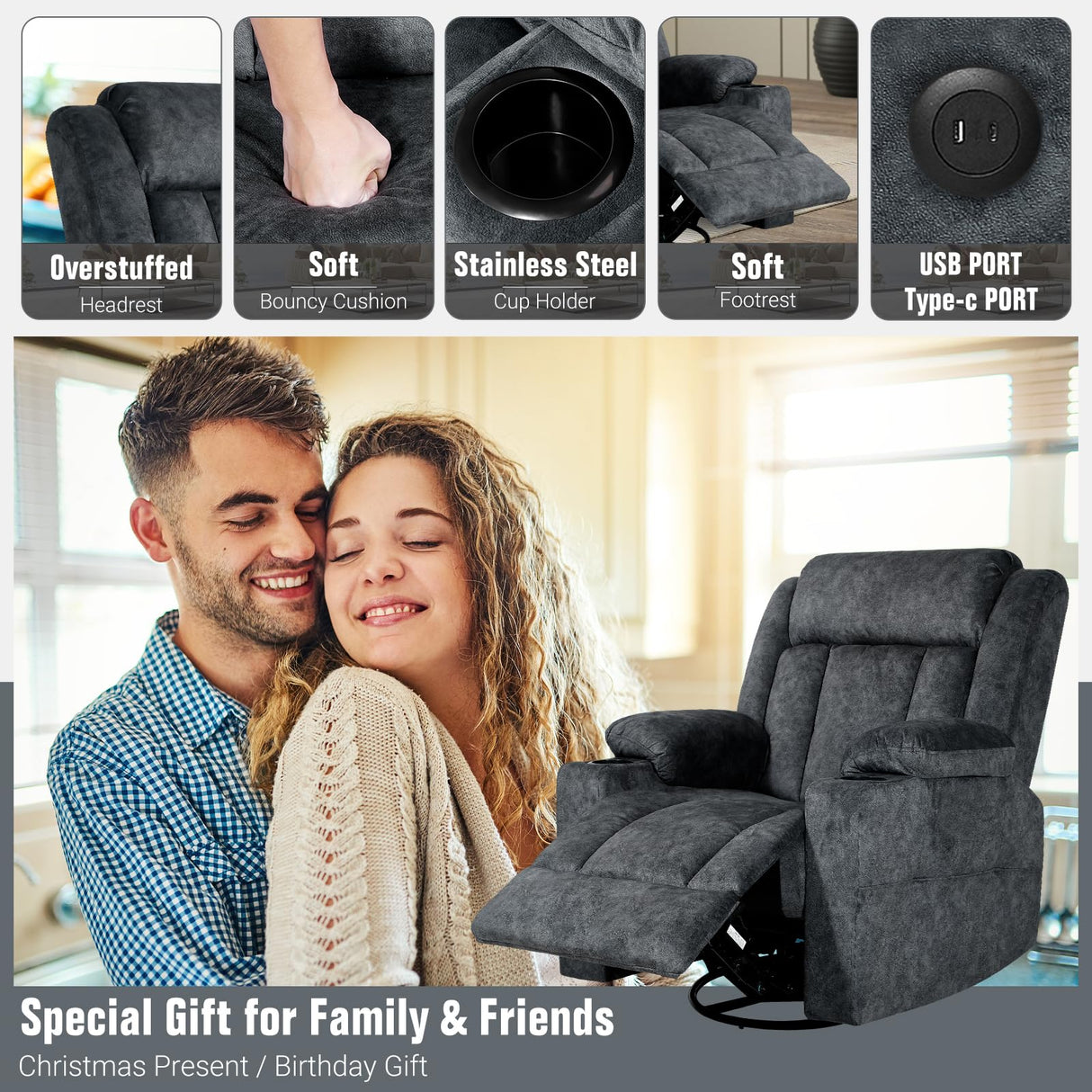 LAFWELL Retro Rocking Recliner Chair, Massage Rocker Recliner Chair with Vibration Massage and Heat, USB and Type-C Ports,360° Swivel Chairs,Living Room, Bedroom, Nursery, RV, Dark Grey LAFWELL