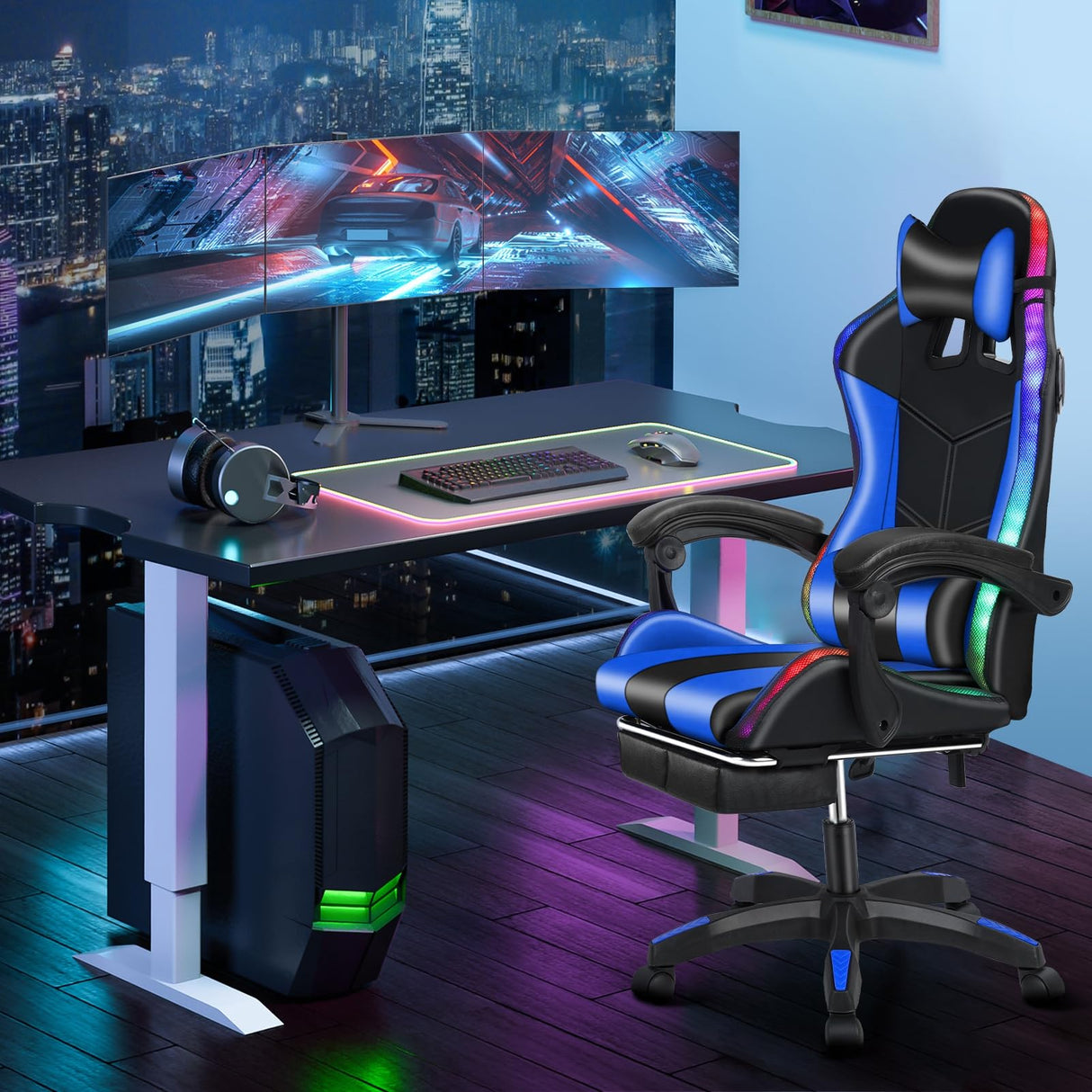 Ergonomic Gaming Chair Video Game Chairs with footrest and Massage Lumbar Support, Computer Chair with Speakers, Bluetooth Music, RGB LED Lights, Headrest, Up to 397lbs Black Blue GIFZES
