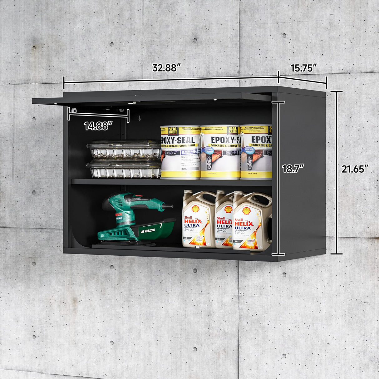 Anxxsu Metal Wall Cabinet with Locking Door and Shelf, Hanging Garage Cabinets with Up-Flip Doors for Garage, Warehouse, Home, Office, Assembly Required (Black, One Cabinet) Anxxsu