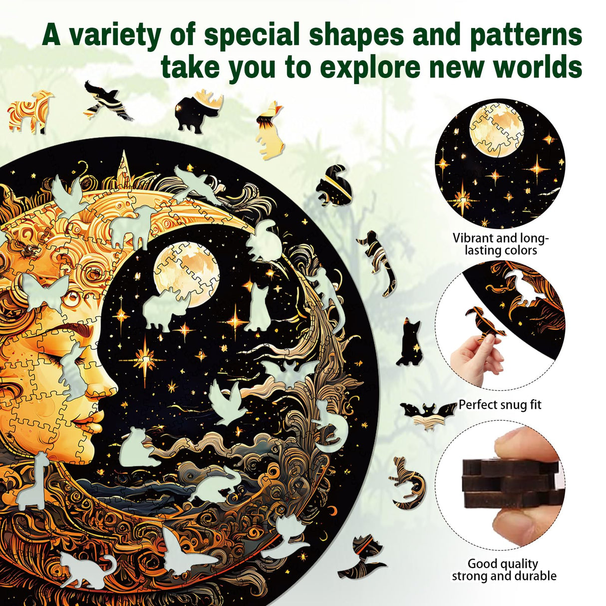 Wooden Puzzles for Adults, 200 Pieces Sun and Moon Uniquely Irregular Animal Shaped Wooden Jigsaw Puzzles, Creative Gift for Teenagers and Adults WHJSG