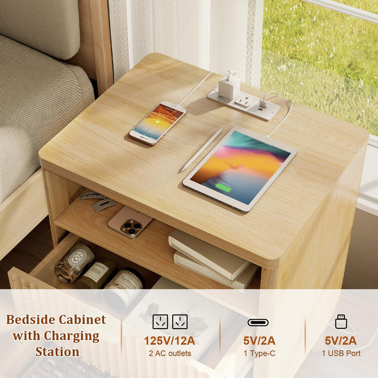 Fluted Nightstand with Charging Station, 19.7 inch Wide End Table with 2 Drawers, Modern Wood Bedside Table for Bedroom(Natural) LYNCOHOME