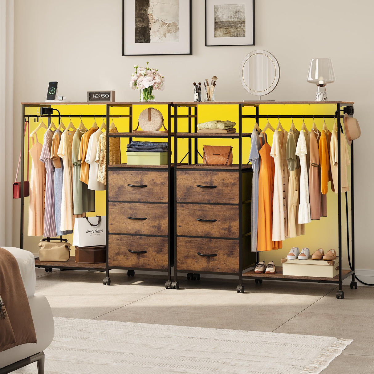 WLIVE Dresser with Hanging Rack for Bedroom, 3 Drawer Dresser with LED Lights & Charging Station, Fabric Dressers & Chest of Drawers, Storage Organizer with Open Shelves for Living Room, Brown WLIVE