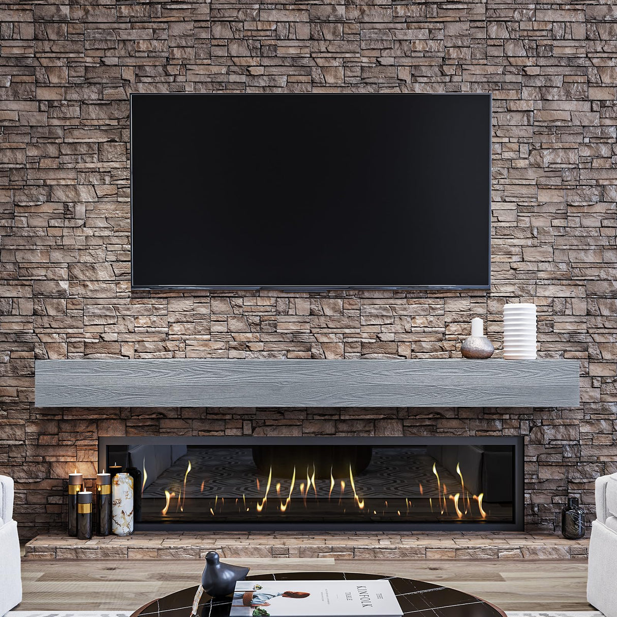 THLYNSAM Fireplace Mantel 48 inches Floating Shelf with Rustic Finish Wood Wall Shelf with Invisible Heavy Duty Bracket for Living Room Décor, 48L x 6H x 8D, Grey THLYNSAM