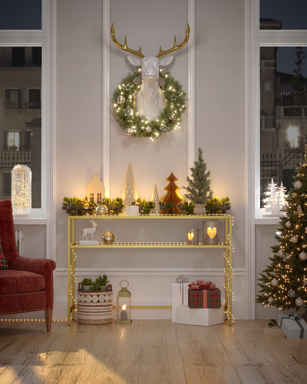 VASAGLE 47.2 Inch Console Sofa Table, Modern Entryway Table, Tempered Glass Table, Metal Frame, 2 Shelves, Adjustable Feet, for Living Room, Hallway, Gold Color ULGT045A61 VASAGLE