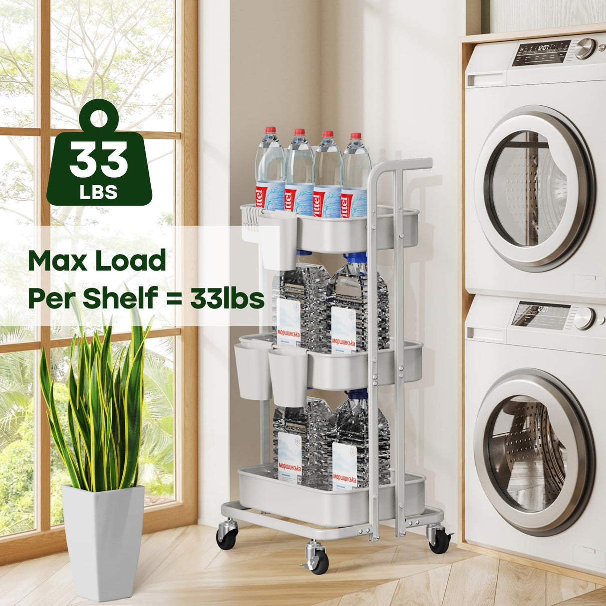 DTK 3 Tier Foldable Rolling Cart, Metal Utility Cart with Lockable Wheels, Folding Storage Trolley, 3 Small Baskets and 6 Hooks for Living Room, Kitchen, Bathroom, Bedroom and Office, White DTK