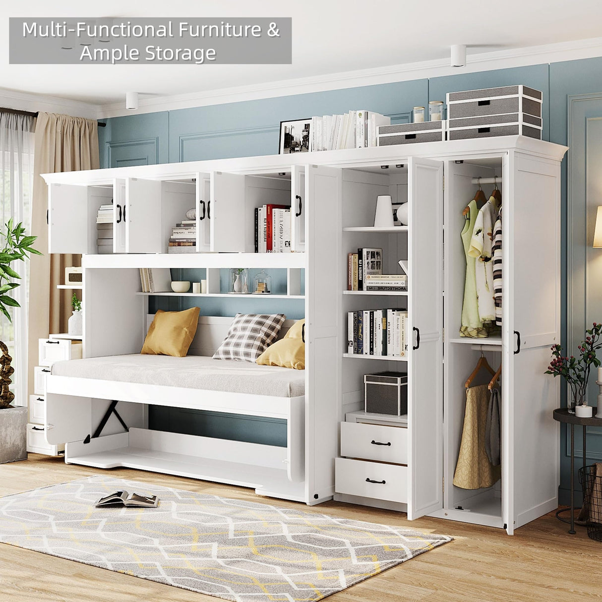 Merax Twin Size Murphy Bed with Desk, Multifunctional Wood Foldable Wall Bed with Wardrobe, Drawers and Cabinet, Space-Saving Hidden Bed for Guest Room Office, No Box Spring Needed, White Merax