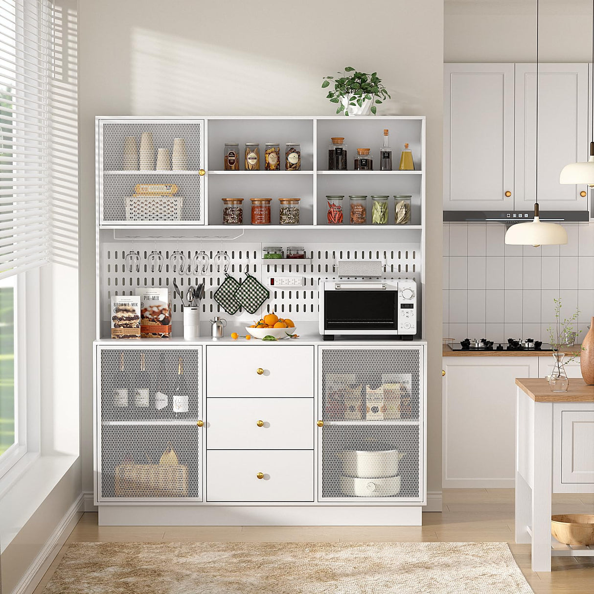 VOWNER Large Kitchen Hutch Cabinet with 3 Metal Doors & Pegboard, Pantry Storage Cabinet with Cup Holder & Power Outlet, Freestanding Cupboard for Kitchen, Dining Room (White) VOWNER