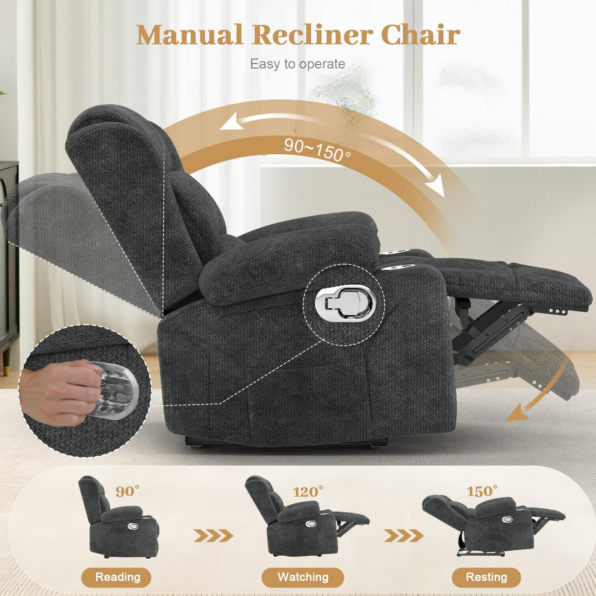 IROSTAE Recliner Chair for Adults, Oversized Fabric Manual Pull Tab Reclining Chair with Cup Holders, Minimalist Style Single Sofa for Living Room, RV (Grey) IROSTAE