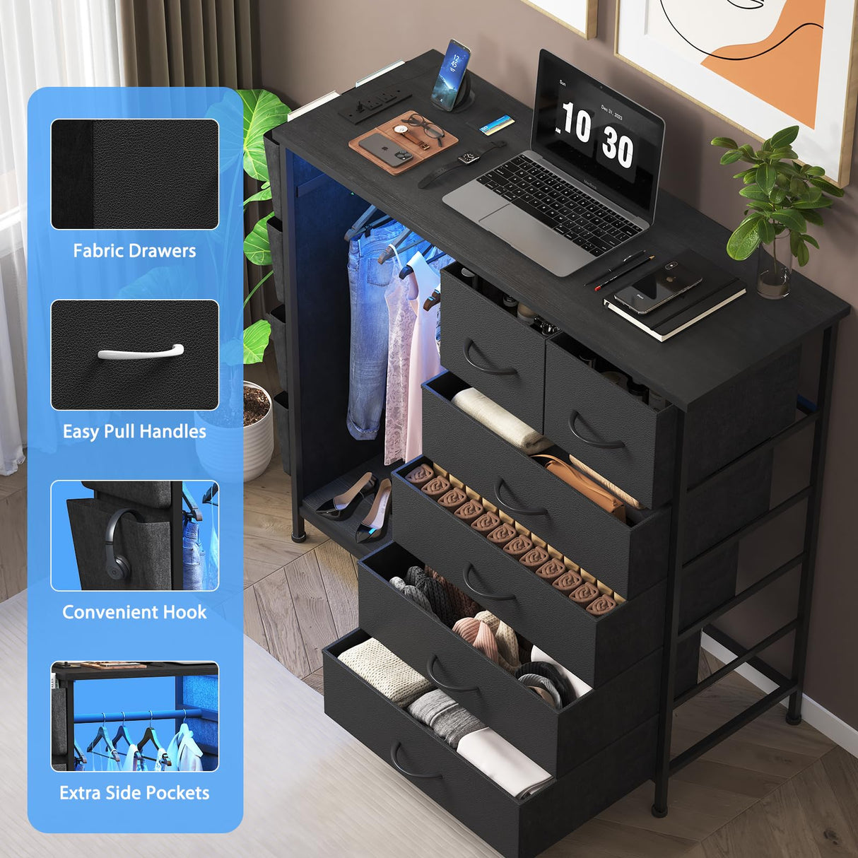 WODRAWER 6 Drawer Dresser for Bedroom with Clothes Rack, Clothes Dresser with Side Pockets and Hooks, Charging Station & LED Lights, Wooden Top, Fabric Storage (Black) WODRAWER