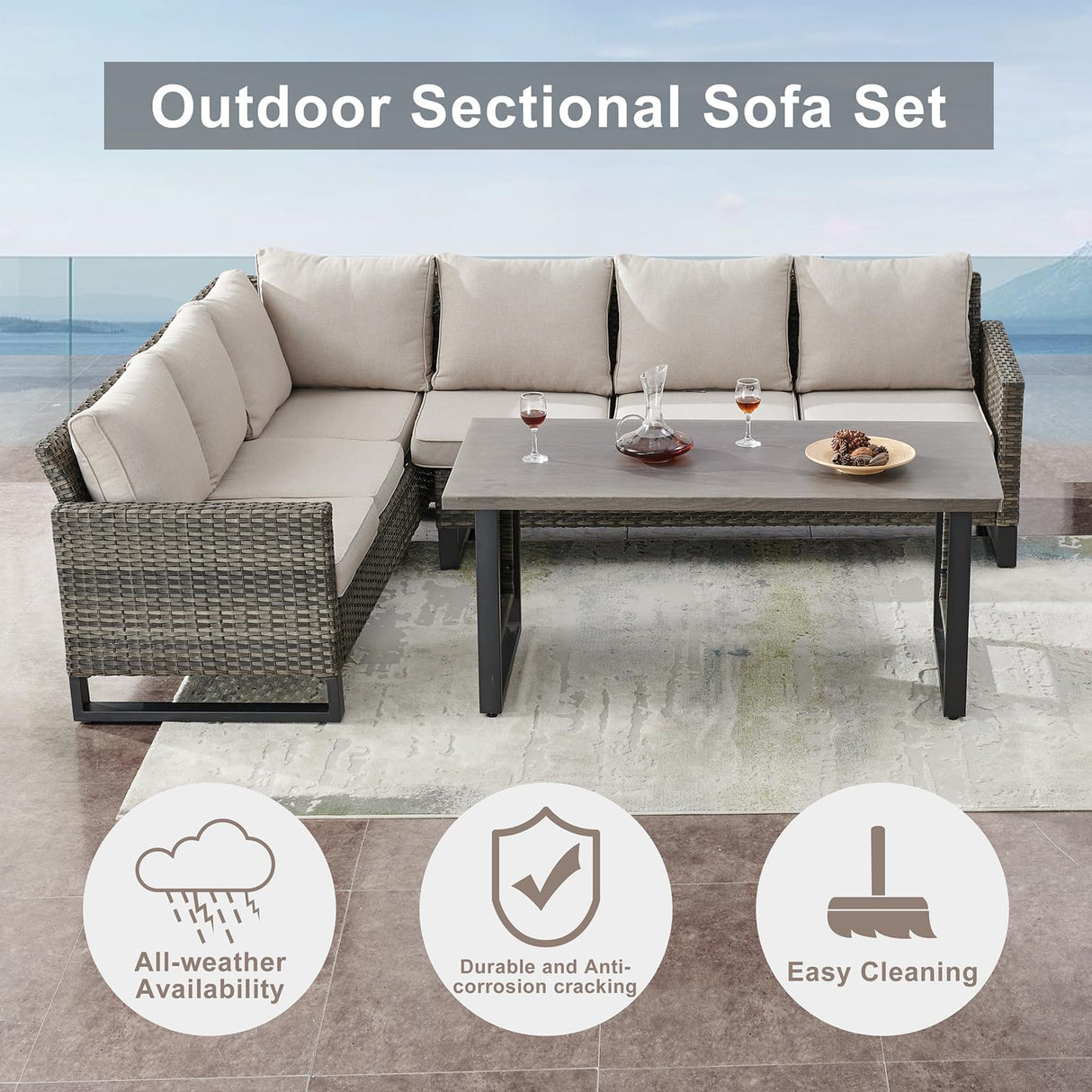 Belord Patio Sectional Furniture Set with Coffee Table: 8 Pieces Wicker Patio Conversation Set with L Shaped Sofa, Outdoor Swivel Glider Rocker, Rattan Ottomans, Removable Belord