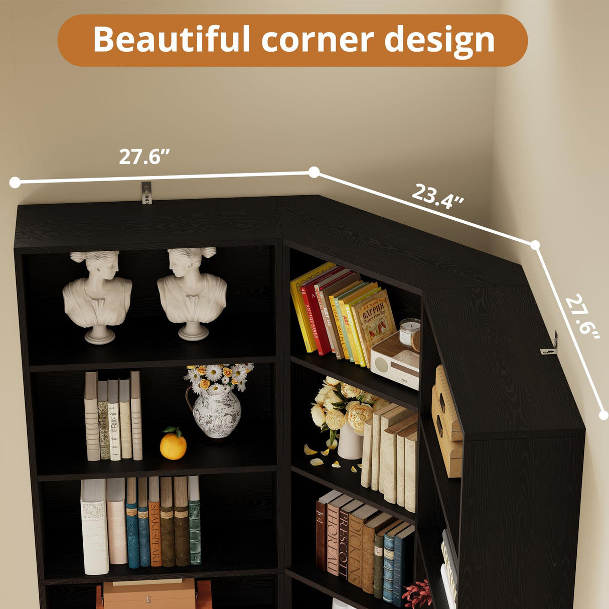 IRONCK Corner Bookshelf and Bookcase with 2 Storage Cabinets and 7 Tier Shelves, 71" Height Storage Shelves Corner Combination, Black IRONCK