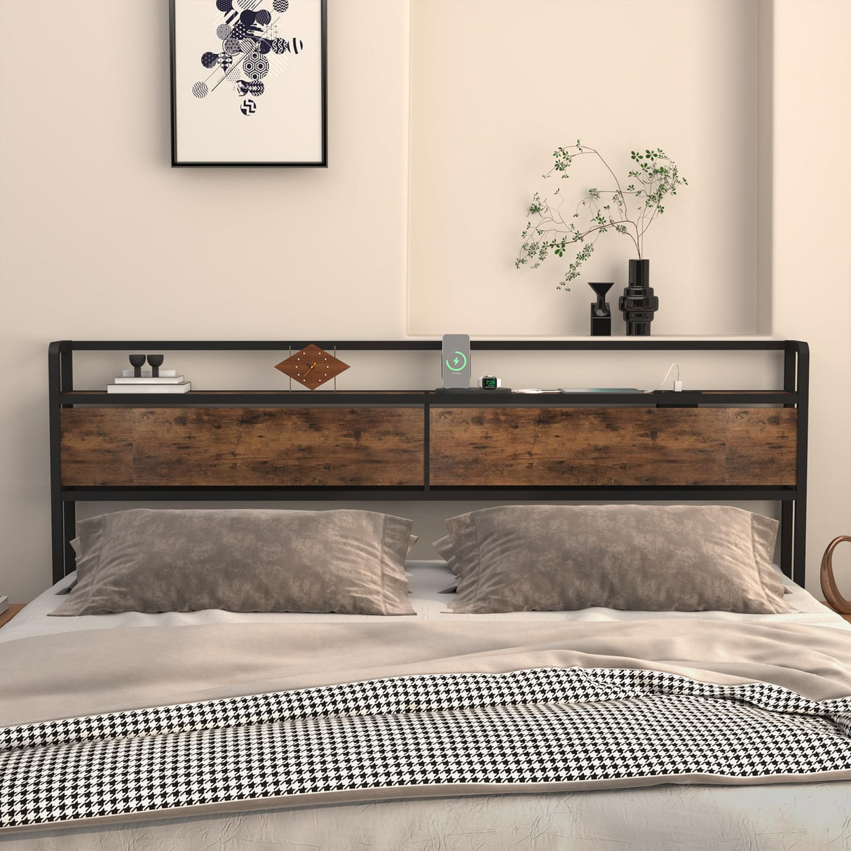 Curotunk Retro LED King Size Headboard with Storage and USB Charging Curotunk