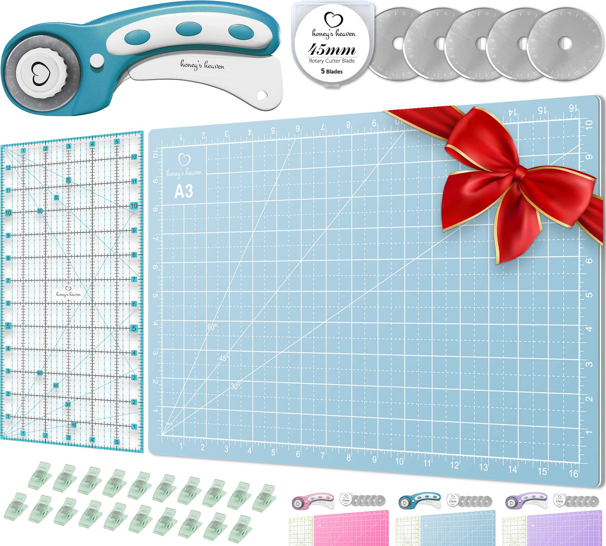 Rotary Cutter Set pink - Quilting Kit incl. 45mm Fabric Cutter, 5 Replacement Blades, A3 Cutting Mat, Acrylic Ruler and Craft Clips - Ideal for Crafting, Sewing, Patchworking, Crochet & Knitting Honey's Heaven