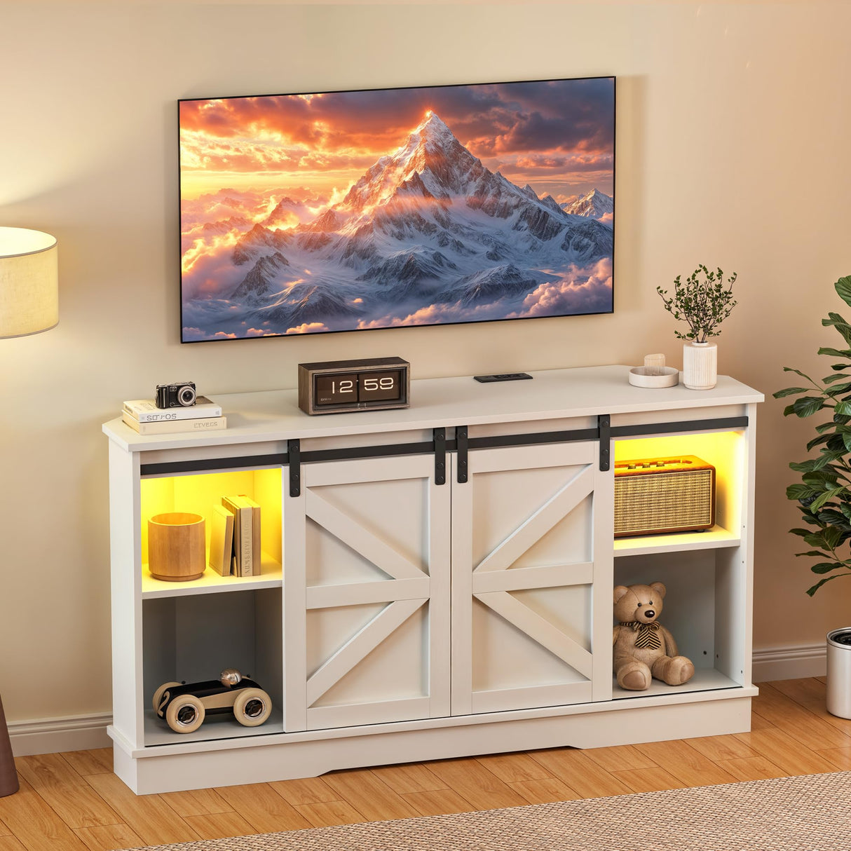 YITAHOME Corner TV Stand for 55/65 Inch TV, Corner Entertainment Center, Media Console Living Room Furniture, TV Cabinet with Sliding Barn Door, Power Outlet and LED Light Strip, White YITAHOME