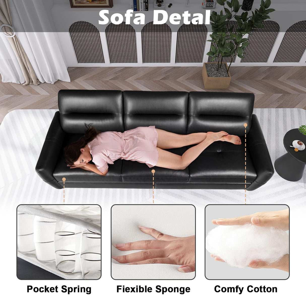 STHOUYN 85” Black Faux Leather Couch with USB, 3 Seater Sofa Couches for Living Room, Large Mid Century Modern Office Apartment Couch (Black) STHOUYN