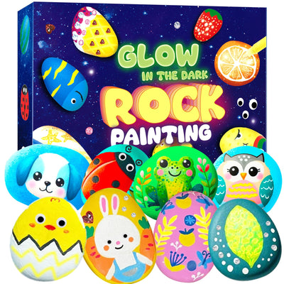 Hiawbon Rock Painting Kit, Glow in The Dark Rock Kit, Rock Arts and Crafts Kit for DIY, Rock Craft Kit with Paint Supplies, 12 Rocks Craft Kits Art Supplies for Outdoor Activities