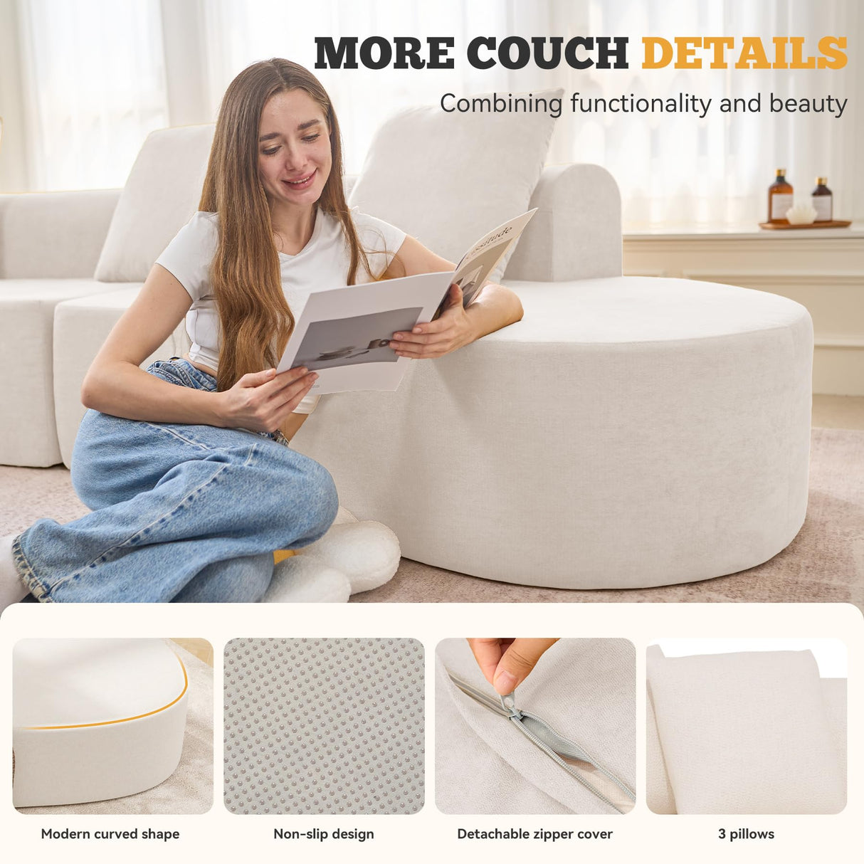 126" Modular Sectional Sofa, Modern Cloud Curved Couch with Deep Seat, Upholstered Oversized Couches for Living Room, No Assembly Required, Beige Chenille Fabric, 1PCS Luxanimarion