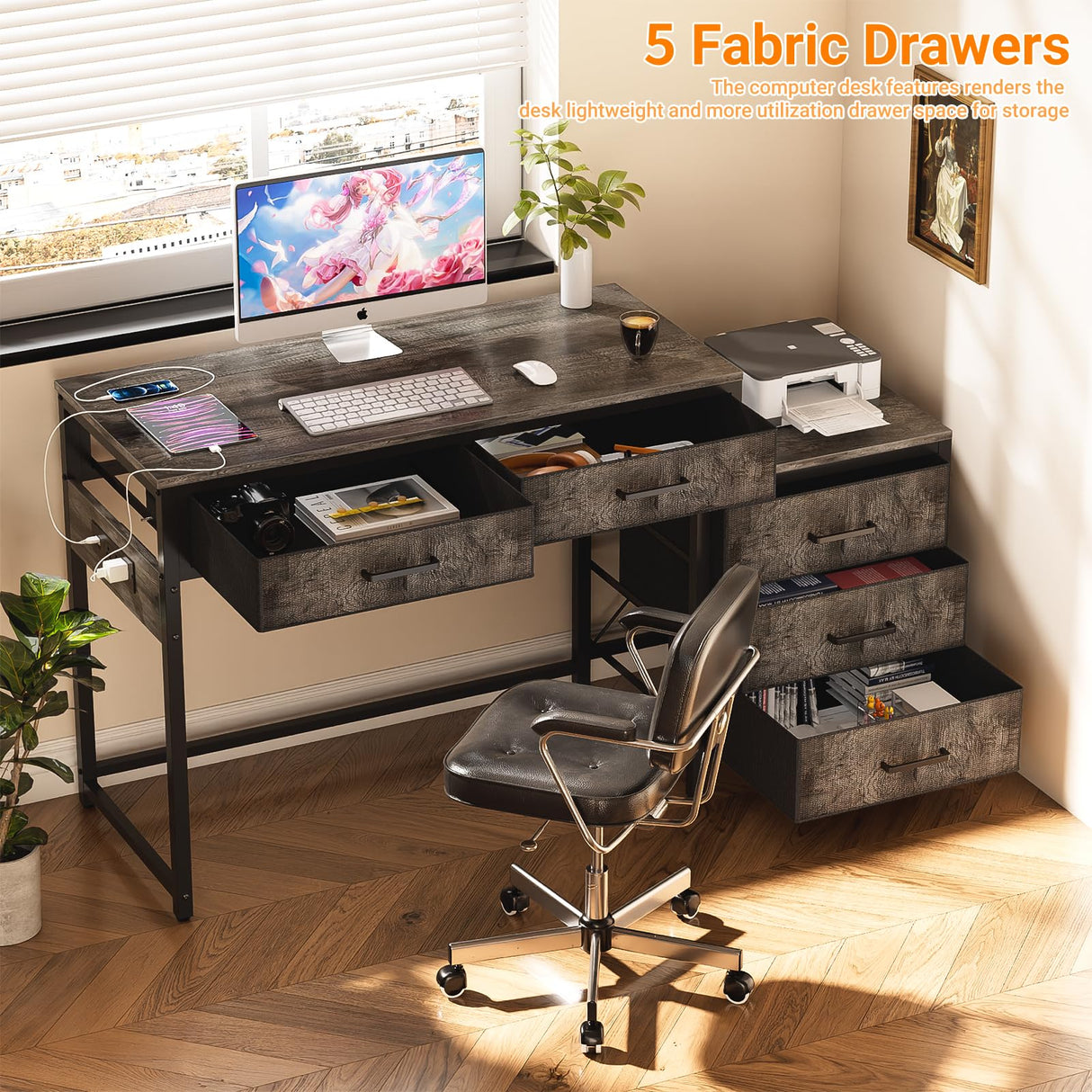 Unikito Computer Desk with 5 Drawers, Reversible Home Office Desk with Power Outlets, Sturdy Writing Desk with File Cabinet and Printer Stand, Vanity Desk with Storage for Small Space, Black Oak Unikito