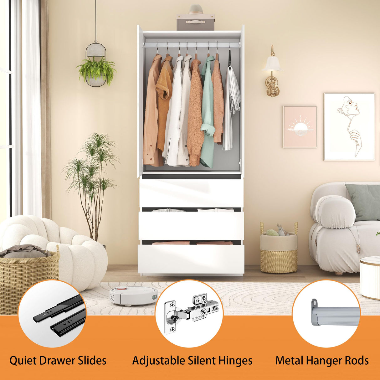 Mhsatyrs Armoire Wardrobe Closet with Drawers:75" Large White Wardrobe Closet Cabinet with 6 Doors for Hanging Clothes, Modern Wooden Bedroom Armoires with 9 Drawers and Storage (B+B+B, 94.5") Mhsatyrs