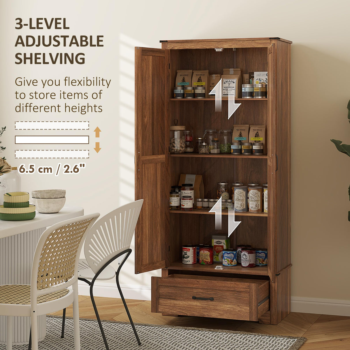 HOMCOM 72" Tall Farmhouse Kitchen Pantry Cabinet - Kitchen Storage Cabinet with Adjustable Shelves & 2 Barn Doors & Drawer, Versatile Storage Unit for Dining Room, Brown HOMCOM