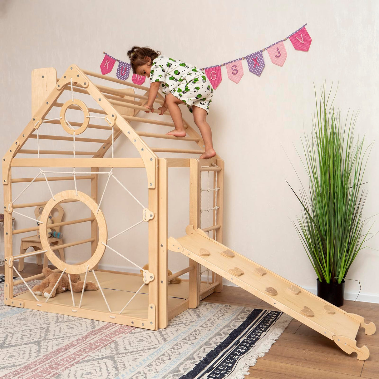 Woodandhearts Toddler Gym Playhouse, Indoor Playground, Toddler Playground, Montessori Climbing Set (Ramp, Natural Wood) Wood And Hearts