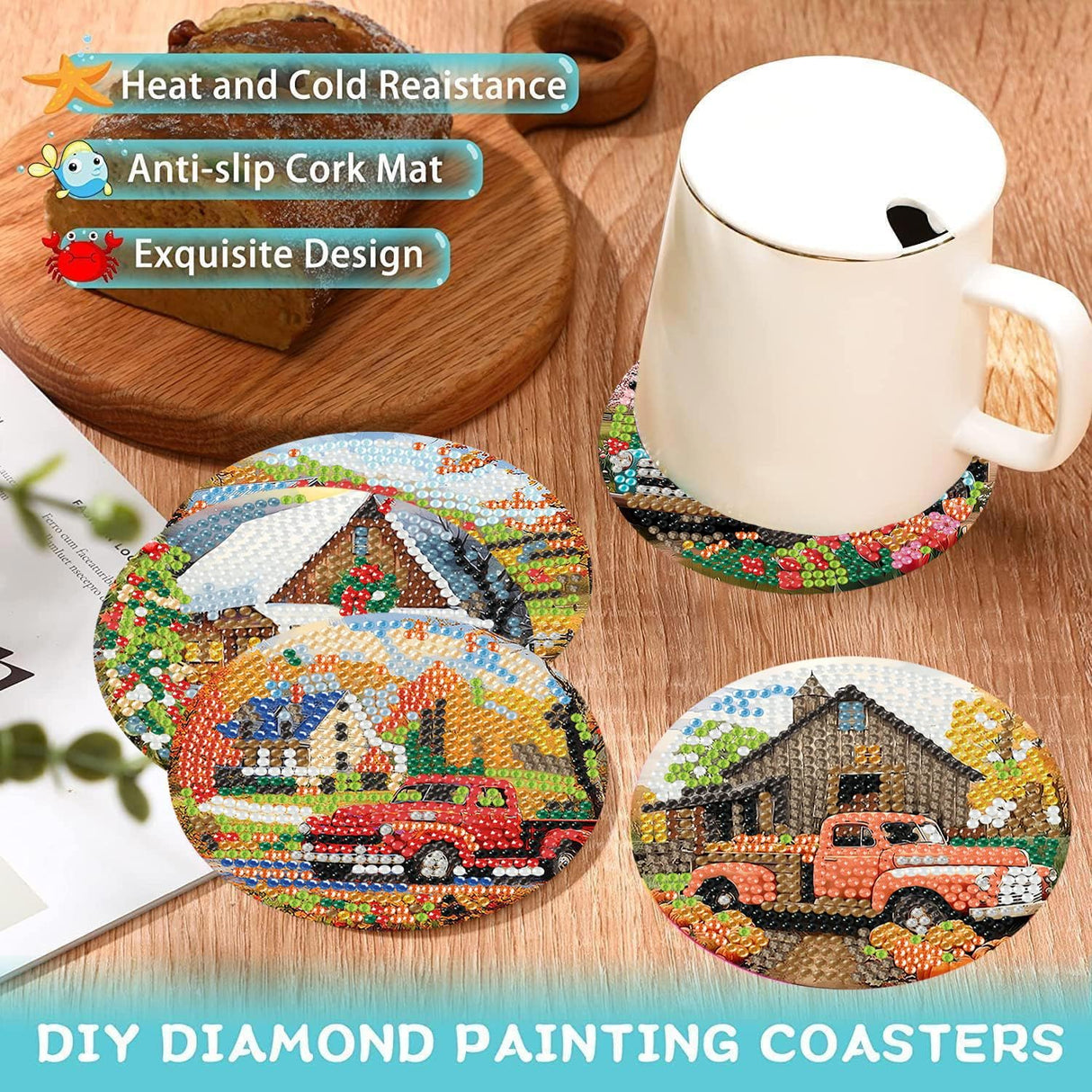 Ekuxom 8 PCS Truck Diamond Art Coasters Kits-5D Diamond Painting Coasters Kits with Holder-Cork Pads DIY Car Diamond Art for Adults Beginners Home Decor Crafts Gifts Ekuxom