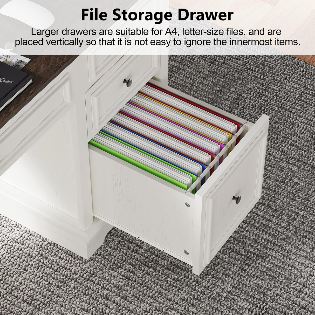 Sunny Heart 60" Executive Desk, Farmhouse Wood Computer Office Desk with Drawers & Cabinet, Rustic Home Office Desk Workstation for Home, Study, Work, Writing, Antique White Sunny Heart