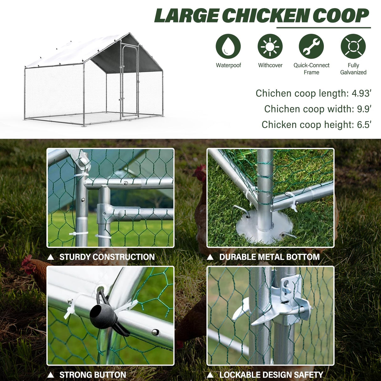 Chicken Coop Large Metal Chicken Run for Yard Chicken Pen/Cage Outdoor Walk-in Chicken House Heavy Duty Poultry Cage with Waterproof and Anti-UV Cover for Farm Use WoodArtSupply