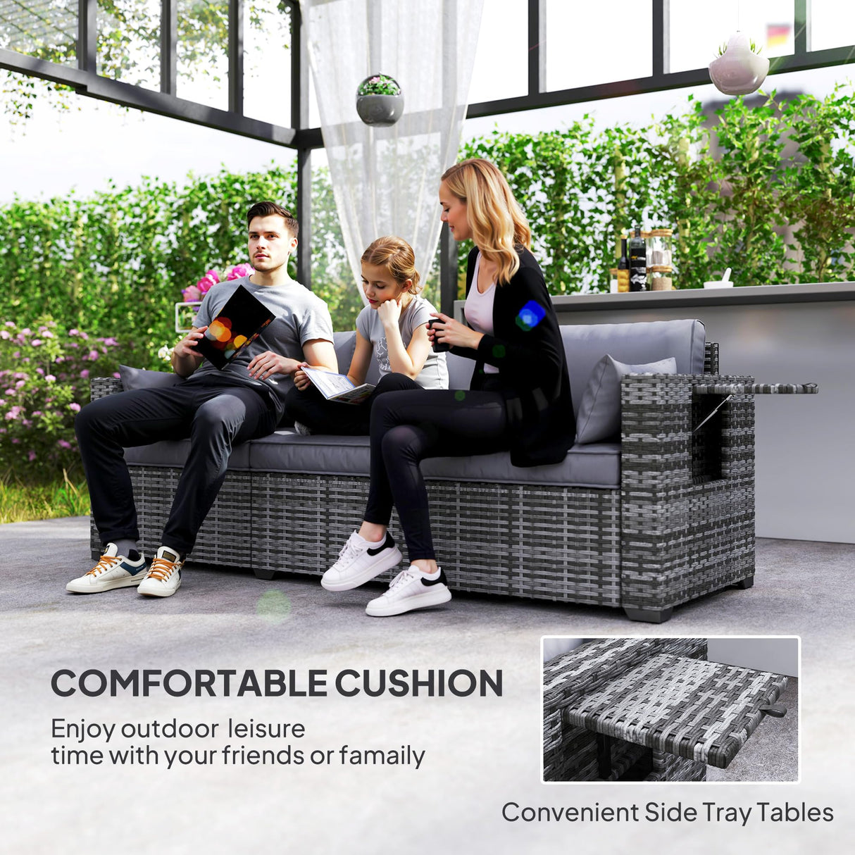 Outsunny 3 Seater Wicker Sofa with Side Tray Tables, Rattan Outdoor Patio Sofa with 6" Thick Back Cushions, Outdoor Wicker Couch with Deep Seating, Pillows for Porch, Garden, Backyard, Mixed Gray Outsunny