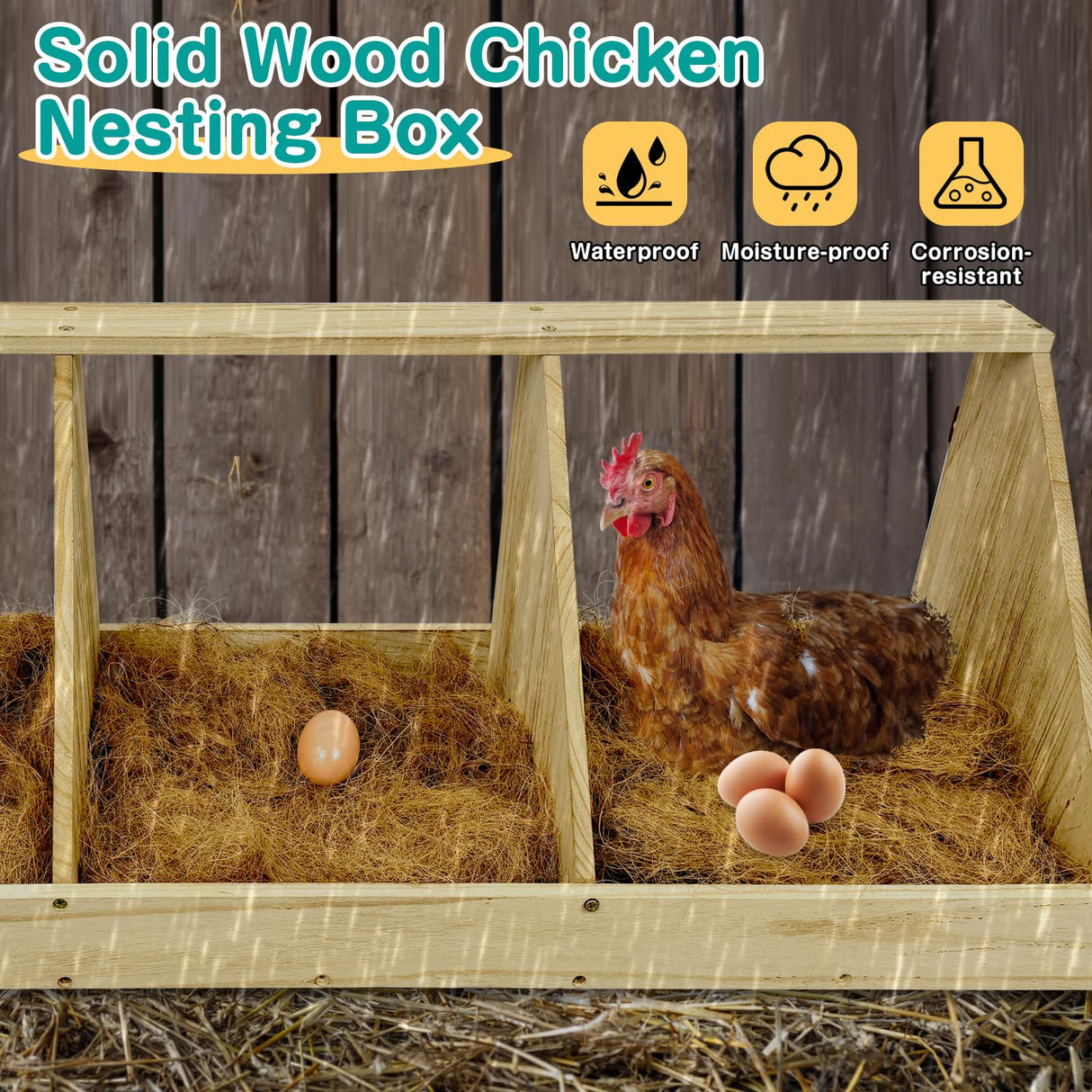 Chicken Nesting Boxes, 3 Compartment Wooden Chicken Laying Boxes, Nesting Boxes for Chickens, Hens, Ducks, Poultry Nest Box for Laying Eggs, (Includes 3 Fake Eggs, 3 Nest Box Pads) Nalwort