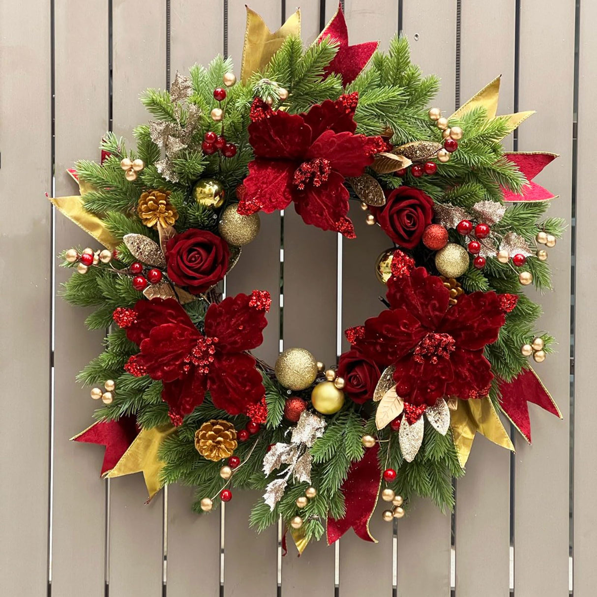 Christmas Wreaths for Front Door, Soomeir Outdoor Winter Wreaths, Large Welcome Wreath with Lights for Holiday Outside Indoors Office Mantle Window (Red Gold) Soomeir