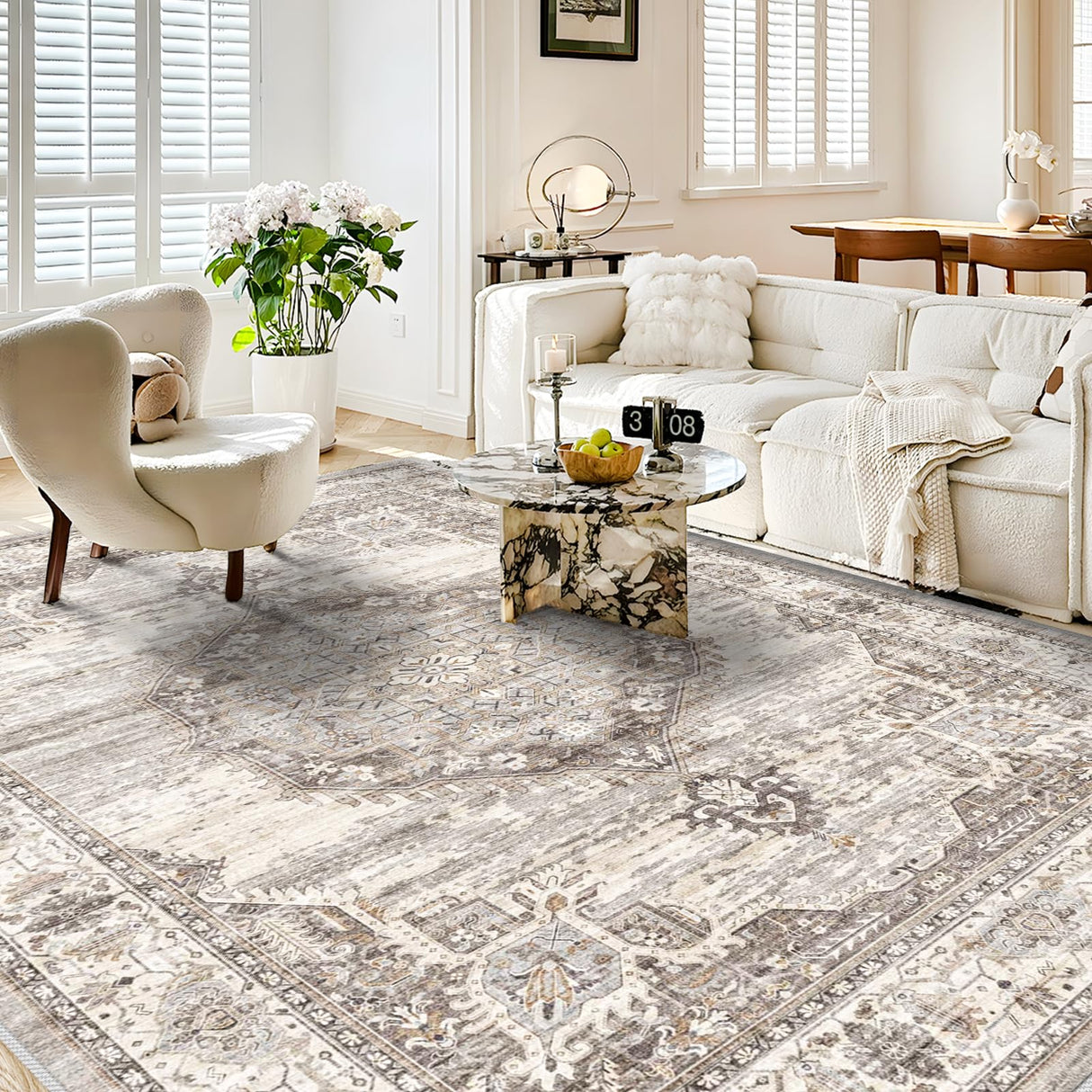 Washable Living Room Area Rug:8x10 Bedroom Rugs - Farmhouse Distressed Printed Floral Carpet - Foldable Non-Shedding Floor Carpet for Dining Room 8'x10' Beige YOUFORTONG