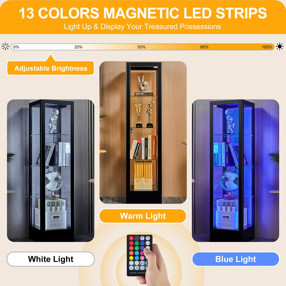 Foreate 4-Tier Glass Display Cabinet Case with 13 Colors Light & Lock, 63" Curio Cabinet with Glass Door & Adjustable Shelves, Thickened 5MM Tempered Glass Collectibles Display Case Bookshelf, Black Foreate