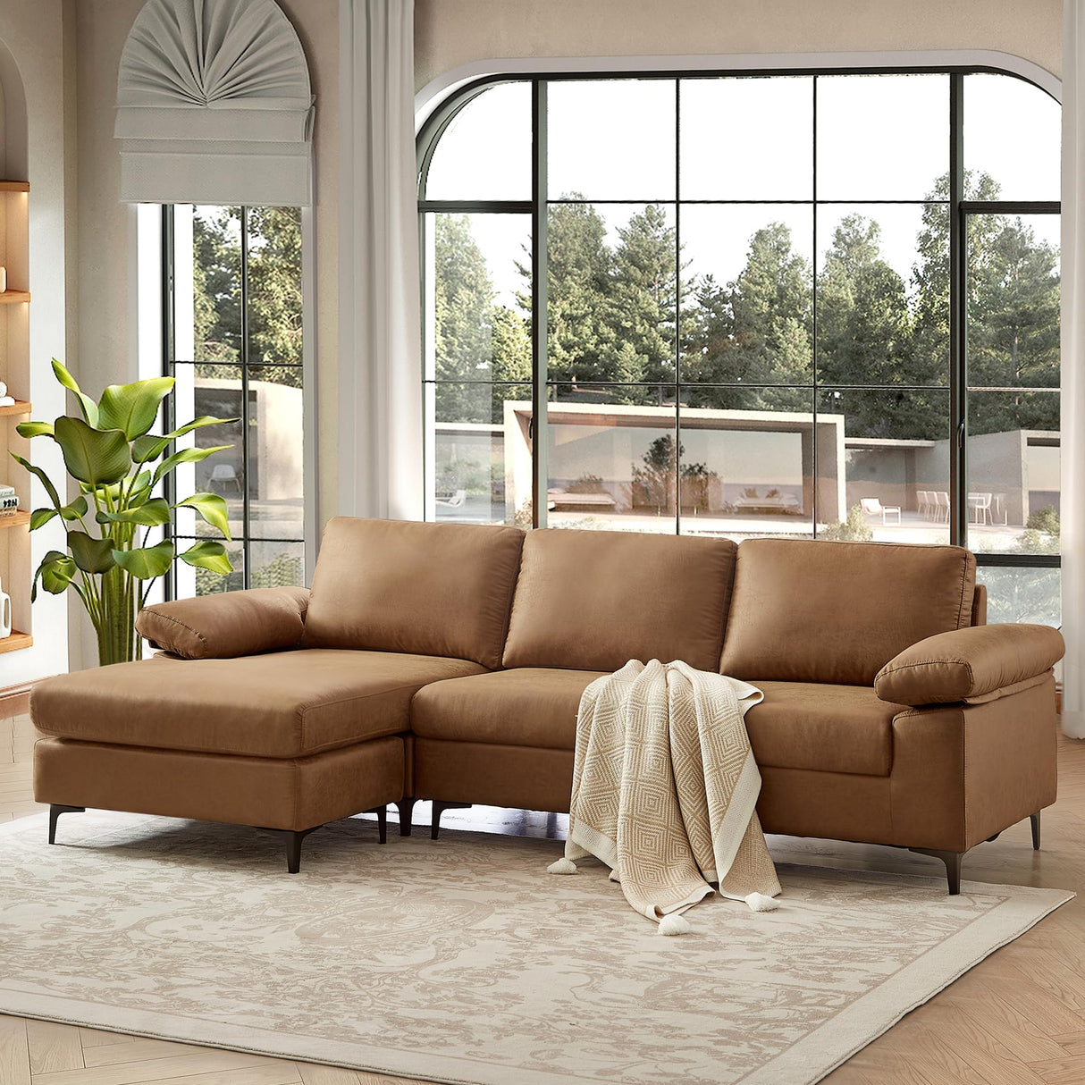 100.8" Sectional Sofa,Faux Leather Couch with Reversible Chaise,Mid-Century L Shaped Sofa Couch for Living Room, Apartment,Office (Brown, Sofa with Chaise) Chorlenimi