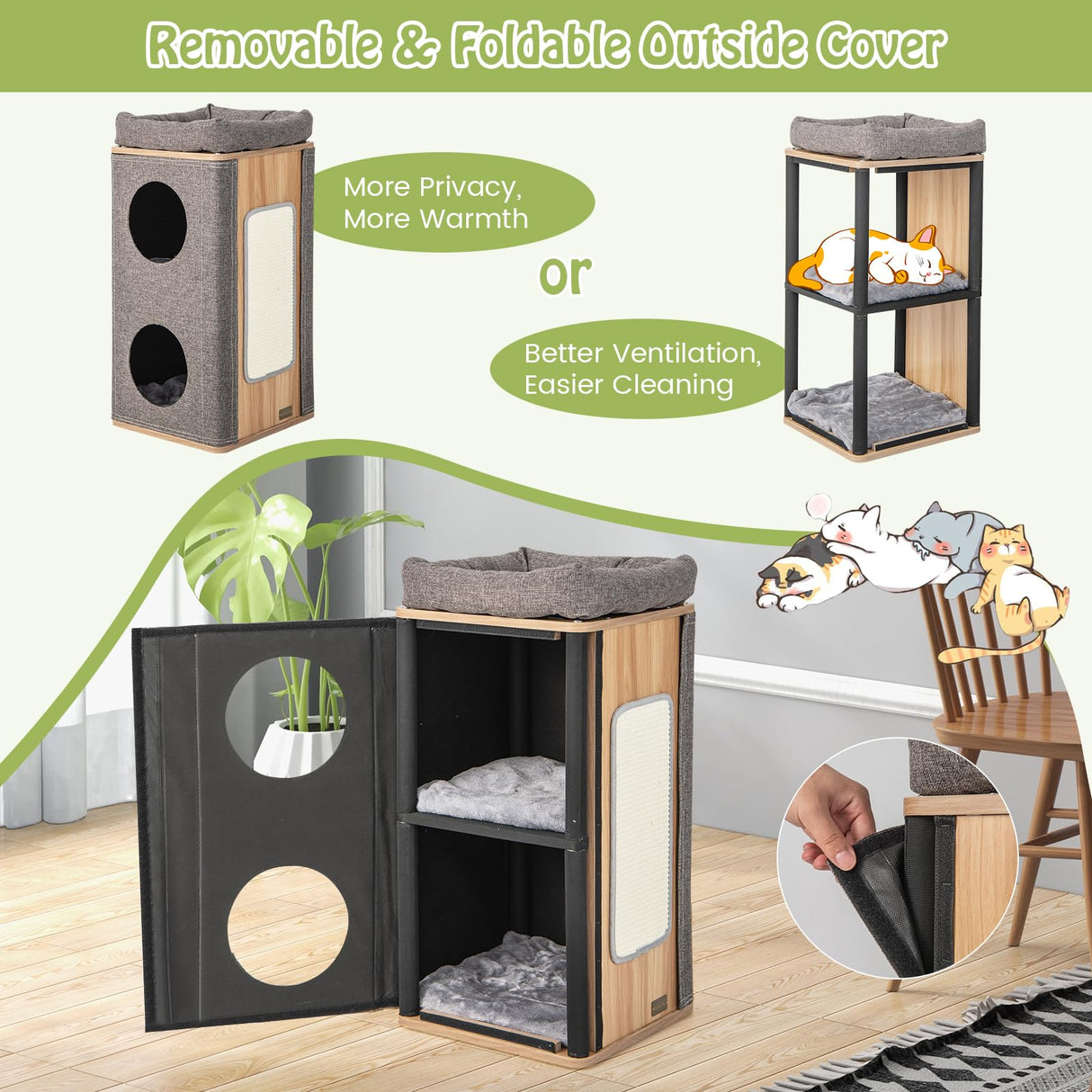 Tangkula 3-Story Cat Tree Condo, Wooden Cat House with Scratching Board, 2 Hideaways & Removable Soft Top Plush Bed, Modern Barrel-Shaped Cat Tower Furniture for Indoor Cats (Grey) Tangkula