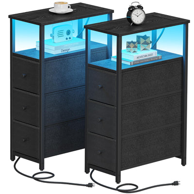 TUTOTAK Narrow End Table with Charging Station, Side Table with Plugins, Tall LED NightStand with 3 Fabric Drawer, Small Bedside Table with Storage, Set of 2, for Living Room, Black TB01BK073L