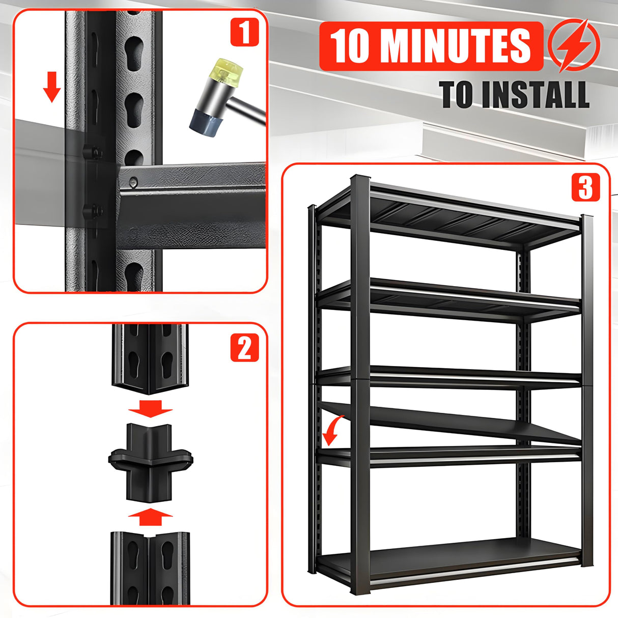 63''H Garage Shelves Heavy Duty Garage Shelving Units, 3000 LBS Capacity Industrial Shelving, Detachable and Adjustable 5-Tier Metal Storage Shelves for Warehouse, Basement, Black (63''H×40''W×18''D) ErgoNova