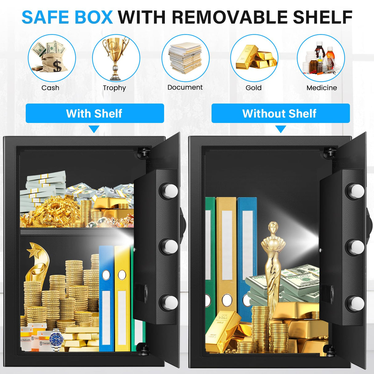 3.0 Cuft Large Fireproof Safes for Home, Digital Home Safe with Programmable Keyboard, Spare Keys and Removable Shelf, Anti-Theft Fire Safe Box for Money, Firearm, Medicines, Documents Bukumo